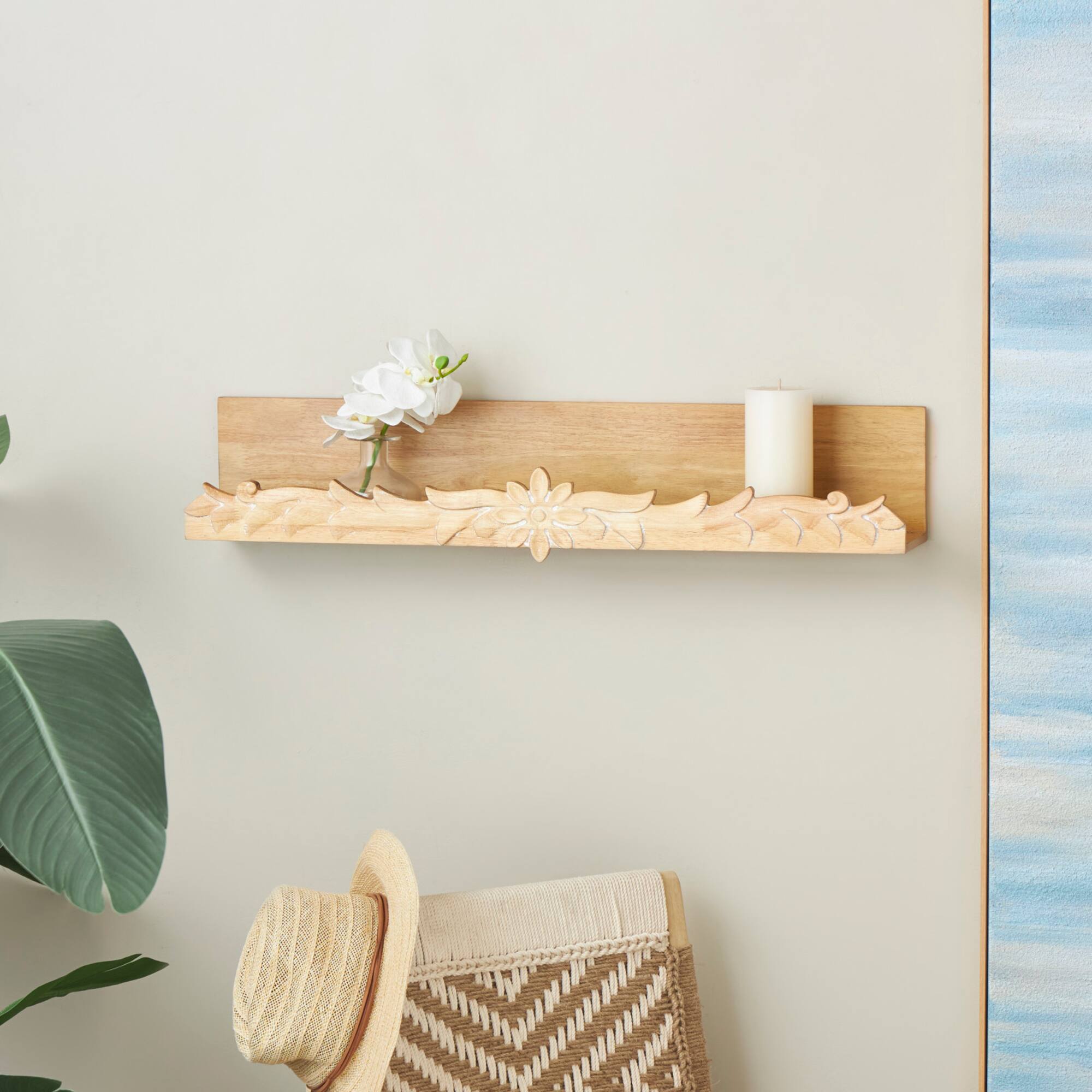 30" Light Brown Wooden Floral Room Wall Shelf with Carved Scroll Lip